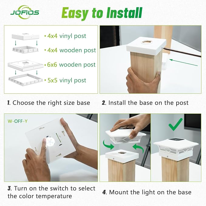 JOFIOS Solar Fence Post Lights, Cap Lights for 4x4/5x5 Vinyl Fence and 4x4/6x6 Wooden Post, Warm White/Cool White Lighting, White Solar Cap Outdoor Waterproof Decorate Garden Pathway Deck Patio