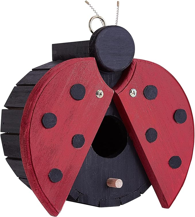 NATUREYLWL Bird Houses for Outside - Wooden Hanging Bird House - Ladybug-Shaped Birdhouse for Finches, Wrens, Cardinals - Outdoors Bluebird Nesting Box - Cute Garden Decor for Wild Birds