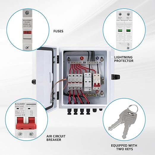 PV Combiner Box 4 String, IP65 Waterproof Solar Combiner with Lightning Arrester, Metal Box, 20A Rated Current Fuse and Circuit Breakers for On/Off Grid Solar Panel System