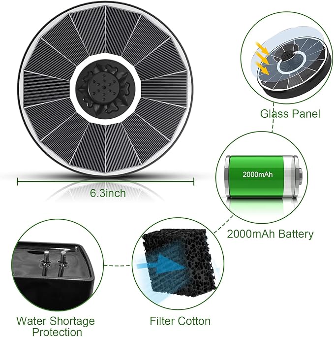 Yzert Solar Fountain with 2000 mAh Battery Backup Works in Cloudy, Glass Solar Powered Bird Bath Fountains with 7 Nozzles, 3.5 W Solar Fountain Pump for Birdbath,Garden, Outdoor, Pond