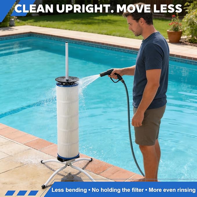 Pool Filter Cleaning Stand, Upright Stand for Cartridge Filters, Smooth Bearing-Assisted Spin, Easier Upright Rinsing for Routine Pool Maintenance, Fits 3”/4”/6” Center-Hole Filters Up to 35”