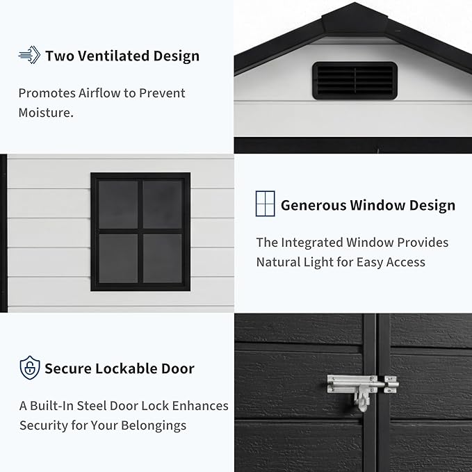 Resin Outdoor Storage Sheds 4x6 ft, Upgraded Double-Wall Outdoor Plastic Shed with Window & Double Doors, Waterproof Lockable Garden Shed (Grayish White + Black, 6 X 4 ft)