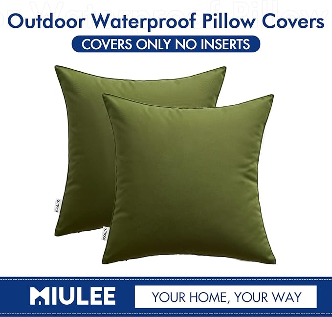 MIULEE Pack of 2 Decorative Outdoor Waterproof Pillow Covers Square Garden Cushion Sham Throw Pillowcase Shell for Spring Patio Tent Couch 16x16 Inch Olive Green