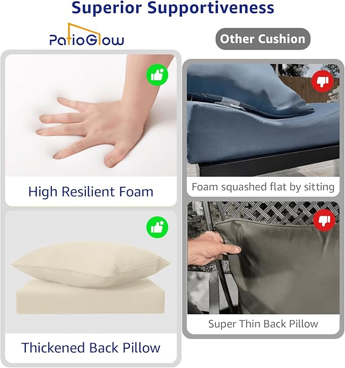 PatioGlow Outdoor Seat Cushion Set, 22" x 22" x 3.5", Set of 2, Water-Resistant & Fadeness Patio Furniture Cushions with Removable Cover & Ties, Thick Deep Seating Pads for Outside Sofa Couch, Khaki