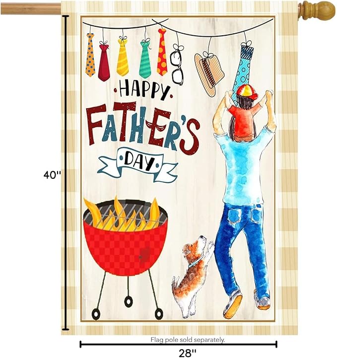 Wamika Happy Fathers Day Best Dad Double Sided House Flag Garden Banner 28" x 40", Father BBQ Lovely Dog Hat Sunglasses Men Tie Garden Flags for Anniversary Yard Outdoor Decoration