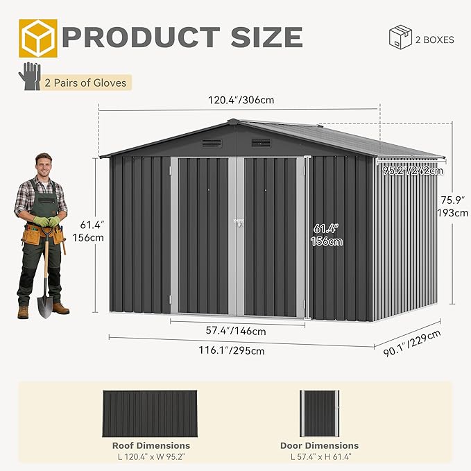 DWVO 10x8ft Outdoor Storage Shed, Large Metal Tool Sheds, Heavy Duty Storage House with Lockable Doors & Air Vent for Backyard Patio Lawn to Store Bikes, Tools, Lawnmowers, Dark Gray
