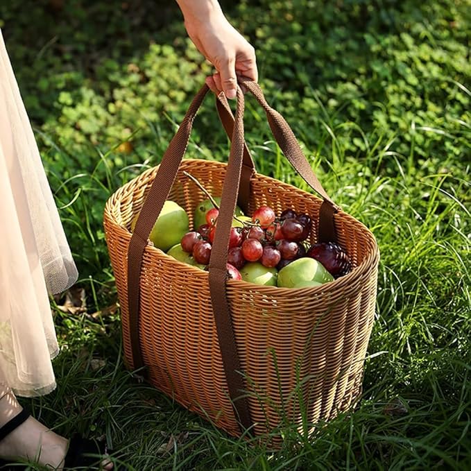 Picnic Basket, Garden Harvest Basket, Wicker Shopping Baskets with Cloth Handles, Reusable Handwoven Market Baskets for Carrying Shopping Storage Gathering (Brown)