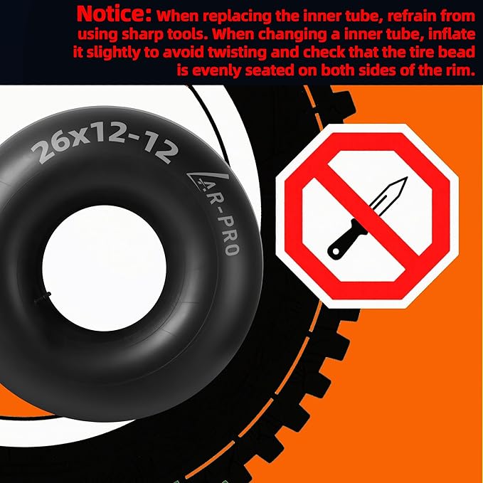AR-PRO Relacement 26x12-12 Heavy-Duty Inner Tubes for ATV/UTV, Lawn Tractor, Golf Cart, Snow Blowers, and More - With TR13 Straight Valve Stems - Made from Durable Butyl Rubber (2-Pack)
