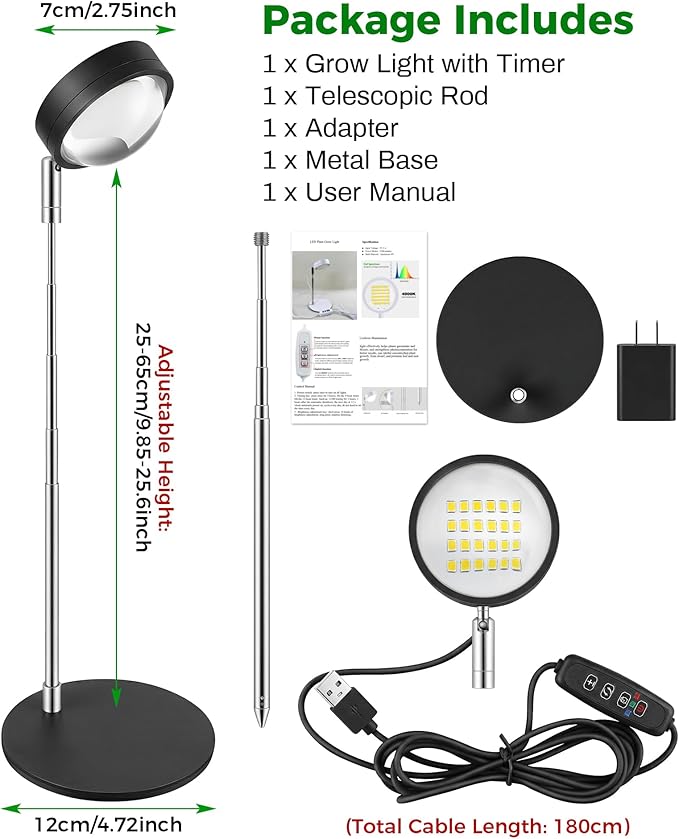 Plant Grow Light, Full Spectrum Grow Lights LED Spotlight with Metal Base, Desk Plant Growing Lamps with Auto On Off Timer 3/9/12H, 6 Brightness Levels, 9.8-25.6'' Adjustable Height