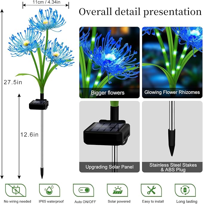 VOOKRY Solar Lights Outdoor, 4 Pack Blue Spider Lily Garden Flower Lights | 3Heads per Stem& Individual Solar Panels, Warm White LED Waterproof Yard Lawn Pathway Decor,Decorative Garden Gifts for Women