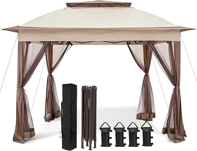COOS BAY Pop up Gazebo 11x11, Instant Canopy Tent with Mesh Netting, Patio Gazebo with 121 Square Feet of Shade, 4 Weight Bags Included, Beige