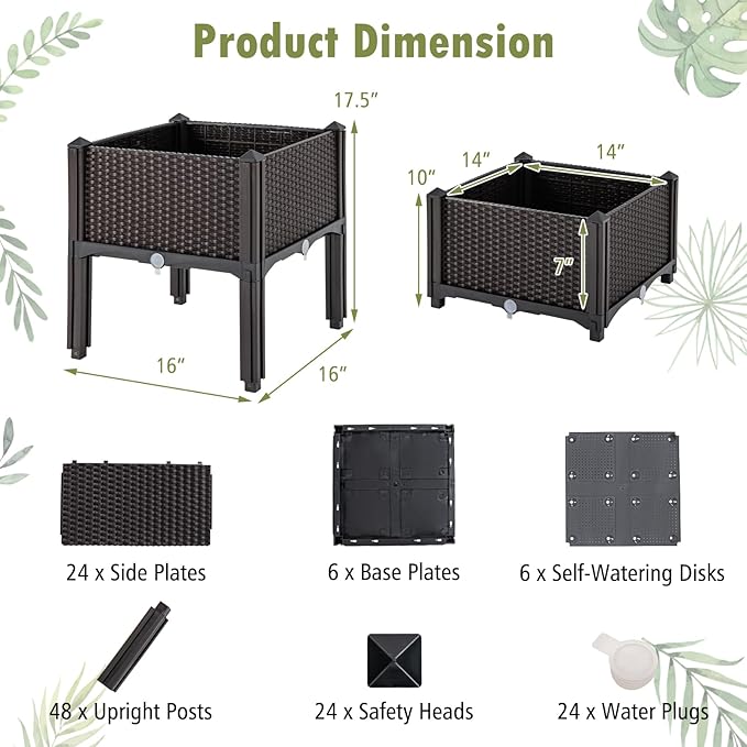 HAPPYGRILL Outdoor Raised Garden Bed, 6 Raised Planter Box with Removable Legs & Brackets, Self-Watering System, Drainage Holes, Raised Beds for Gardening, Vegetables, Fruits, Flowers, Herbs