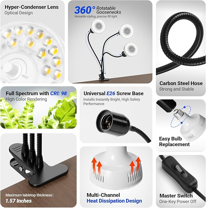 Barrina Orbgrow OG11A3 Clip On Grow Lights for Indoor Plants, Integrated Stepless Dimming & Timing, 5000K 33W(3 x 11W, 300 Watt Equiv), Full Spectrum 3-Gooseneck with E26 Plant Light Bulbs