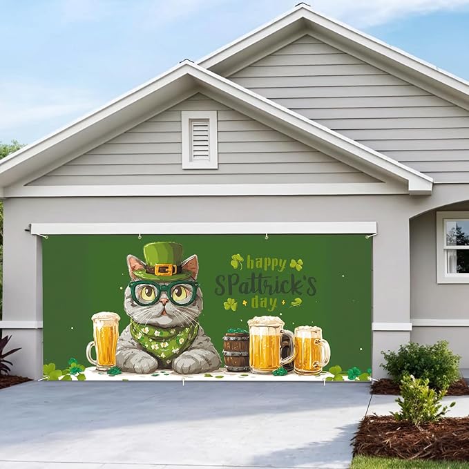 7 * 16FT Summer Garage Door Cover Decorations Sunset Palm Trees Garage Door Banner for Outdoor Indoor Summer Party Photography Backdrop (St. Patrick's Day, 6 * 13 ft)