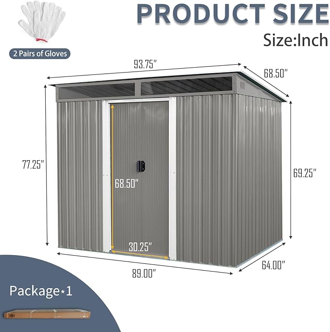 YOPTO 8FT x 6FT Outdoor Metal Storage with Lockable Sliding Doors and Transparent Plate,Waterproof Cabinet w/Ventilation & Foundation,Garden Organizer Tool House for Backyard Patio,Gray