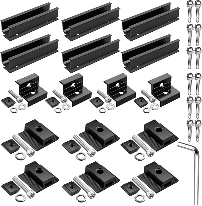 Anbte Solar Panel Mounting Brackets, Included 10 x 4.72 in Rails + 4 end Clamps + 6 Center Clamps + 1 Wrench, Aluminum Solar Mounting Kit for 4 Panels, Waterproof, for Roof, RV, Boat, Black