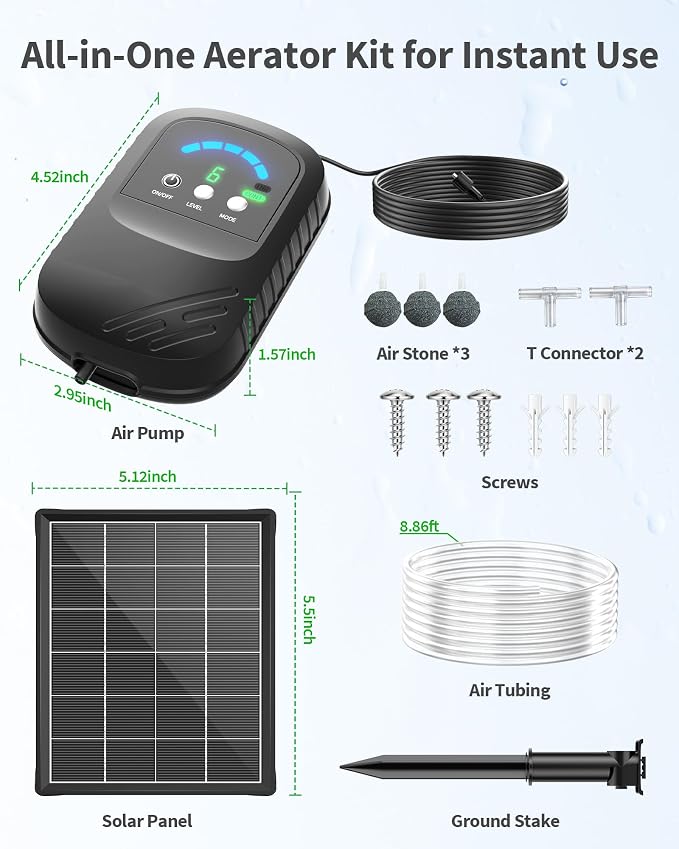 POPOSOAP Solar Pond Aerator, Solar Air Pump with Adjustable Airflow, Quiet Solar Pond Oxygen Pump for Koi Pond, Garden Pond, Fish Tank, Hydroponics