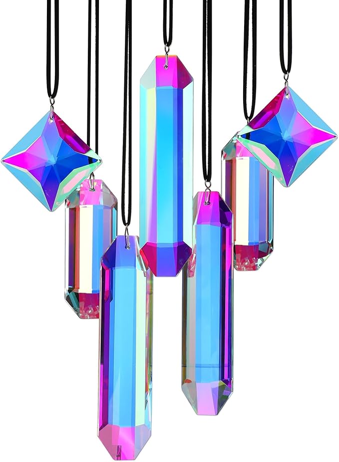 HDCRYSTALGIFTS Set 7 Crystal Sun Catcher Prisms, AB Colored Suncatcher Crystals Indoor Window Hanging Ornaments Rainbow Maker Prisms for Home Garden Decor