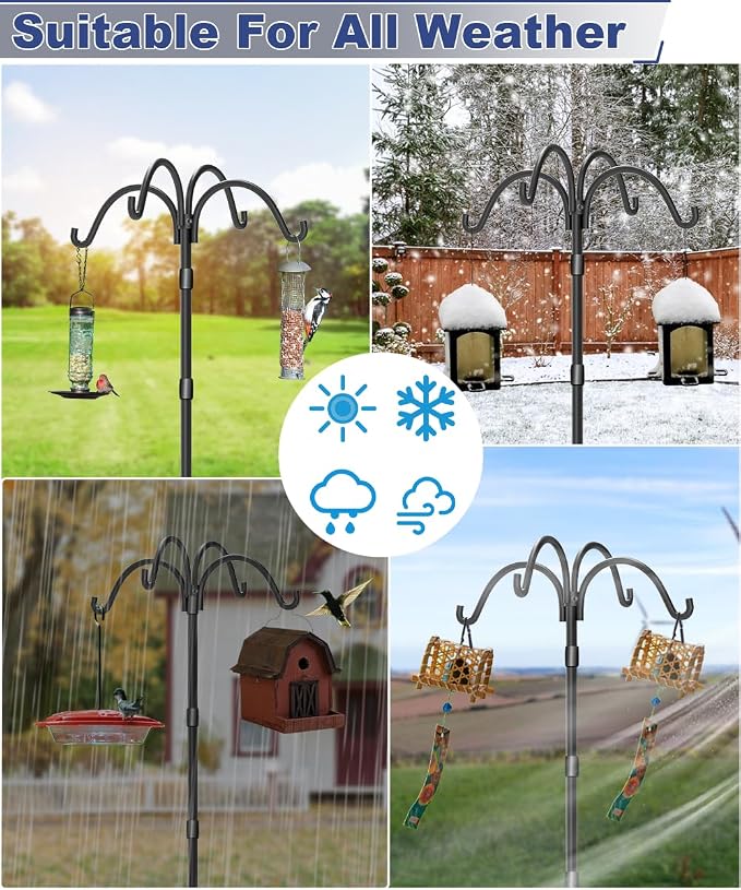 Upgrade 4-Hook Shepherds Hooks for Outdoor with Plastic Tube, 76" Heavy Duty Bird Feeder Pole with 5 Prongs Base, Adjustable Garden Hook for Solar Light, Hanging Plant, Wedding Decor, 2 Pack