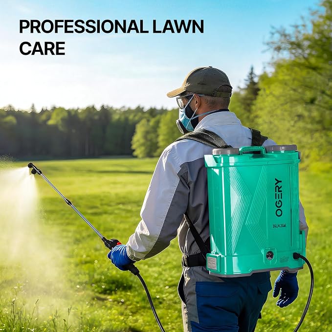 OGERY Battery Powered Backpack Sprayer 4 Gallon, 2.6Ah 21V Battery Electric Pump Sprayer with 6 Nozzles, Telescopic Stainless Steel + Plastic Wand for Lawn Garden Weed Yard Cleaning (Charger Included)