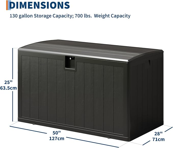 130 Gallon Outdoor Deck Box, Lockable Waterproof Outdoor Resin Box with Lid, Patio Storage Bin for Patio Furniture, Garden Tools, Pool Accessories - Brown