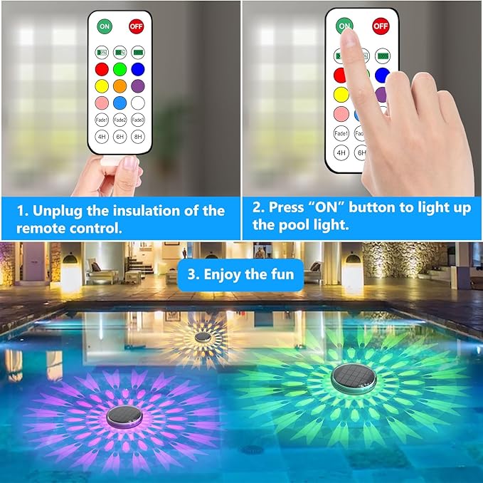 Kitloo Solar Rechargeable Floating Pool Lights(4 Pack), Pool Lights that Float with Remote Control, 9 Lighting, Timing Mode, IPX7 Waterproof for Inground Pool, Bathroom, Bathtub, Pool Party