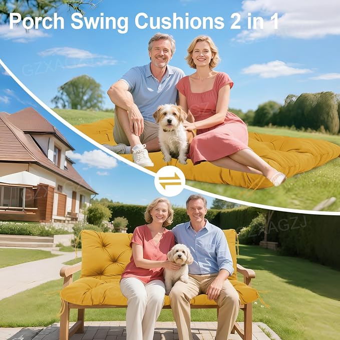 Premium Outdoor Swing Cushions 70x40 inch Waterproof Porch Swing Cushions 2-3 Seater Replacement with Backrest and Ties Swing Cushion for Outdoor Furniture Patio Porch Backyard Garden (Yellow)