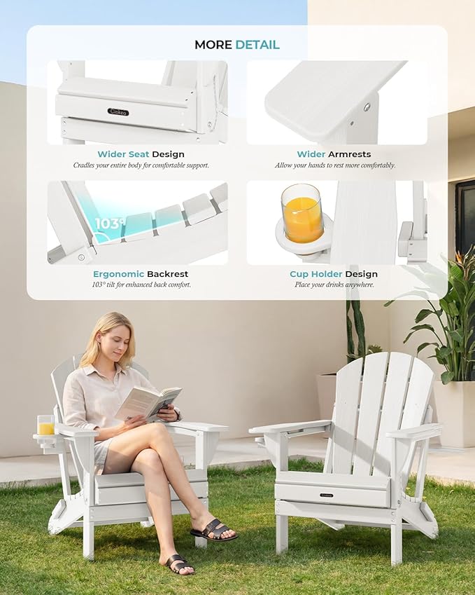 Ciokea Folding Adirondack Chair 2 Pack, Patio Adirondack Chair Weather Resistant, Plastic Fire Pit Chair with Cup Holder, Lawn Chair for Outdoor Porch Garden Backyard Deck (White)