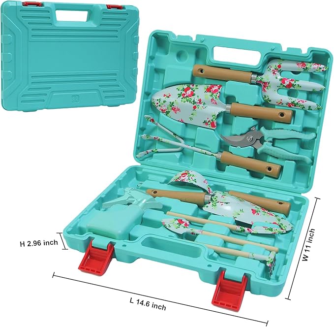 WANCHI Light Green Gardening Set, 10-Piece Garden Tool Kit with Trowel, Hoe, Shovel & Rake, Ideal Gardening Gift for Women, Mom, Grandma | Birthday Gifts for Her | Hand Tools for Small Gardens
