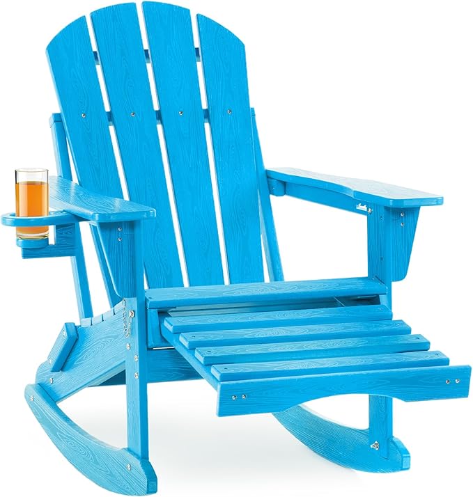 Adjustable Adirondack Rocking Chair with Retractable Ottoman,4-in-1 Multifunctional Folding Patio Chair with Cup Holder, Outdoor Chair Wood Texture for Lawn,Porch, Backyard,Pool(Pacific Blue)