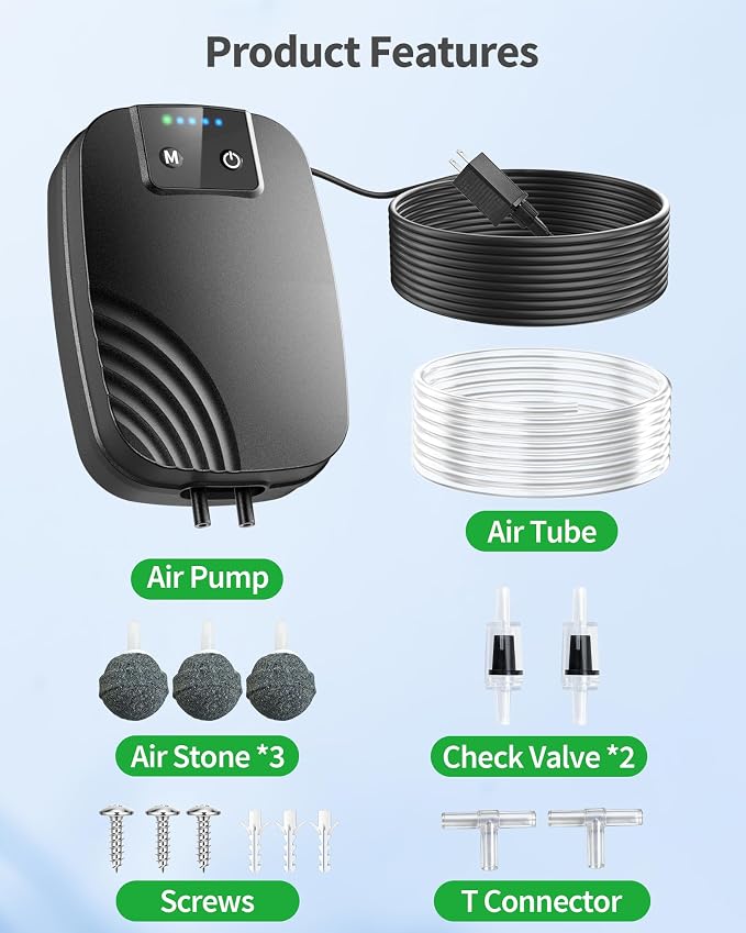 POPOSOAP 7.5W Aquarium Air Pump with Built-in 5000mAh Backup Battery, Dual Outlet Ultra Quiet Fish Tank Air Pump, 3 Modes Electric Pond Aerator for Aquarium, Pond, Hydroponics Up to 100 Gallons P8075