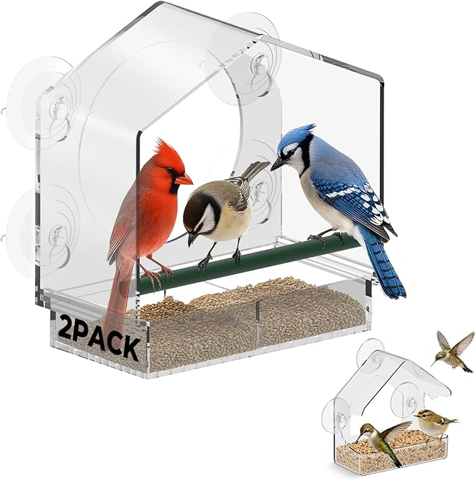 Window Bird Feeder with Non-Marking Self-Adhesive Hooks, 2 pcs Clear and Transparent, Outdoor Wild Bird Watching Gift for Finches, Cardinals (1 Large+1small Acrylic)
