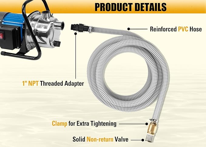 FLUENTPOWER 23FT x 1" Suction Hose Kit with Brass Fitting Check Valve and NPT 1" male Thread, Water Intake Hose Set, Aspiration Hose for Well Shallow Sprinkler Garden Booster Pump, Grayish-white