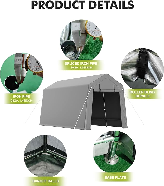 GarveeLife 7 x 12 ft Carport Storage Shed, Portable Garage with Roll-up Zipper Door, Heavy Duty Waterproof Tarp, Storage for Motorcycle, Bike, Firewood, Garden Tools
