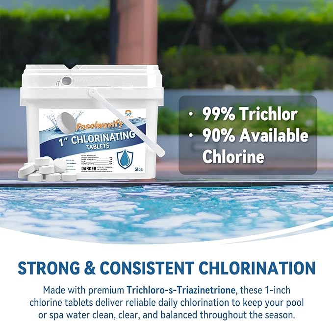 1 Inch Chlorine Tablets for Pools & Spas, 5 LB – Slow Dissolving Stabilized Trichlor Tabs with 90% Available Chlorine for Hot Tubs, Above-Ground & In-Ground Pools