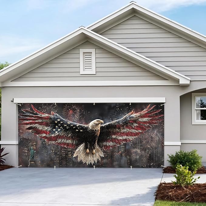 7 * 16FT Eagle USA Flag Garage Door Cover Decorations Independence Day Garage Door Banner for Outdoor Indoor Patriot Party Photography Backdrop