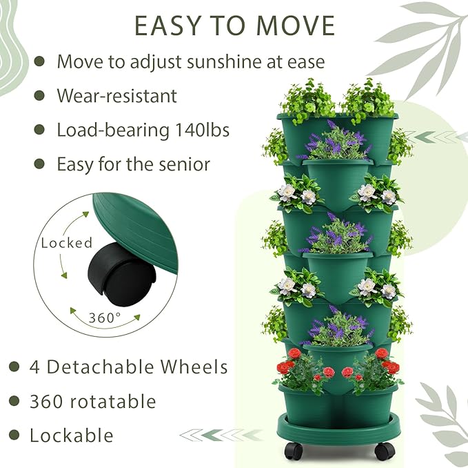 Umigy 1 Set Green 7 Tier Stackable Vertical Planters with Removable Wheels and Tools Tower Planters Strawberry Herb Flower Vegetable Pots Indoor Outdoor Gardening Pots