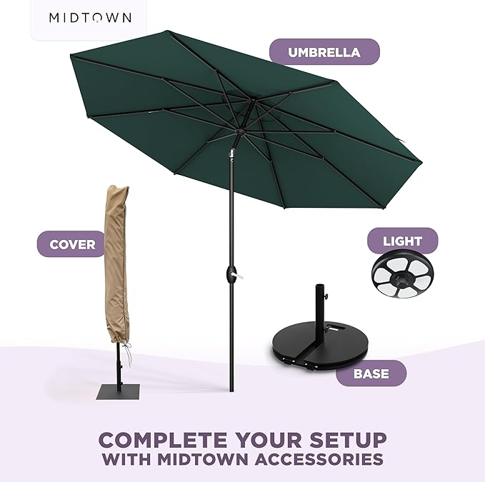 Midtown Umbrellas - 10-Year-No-Fade 8 Ft Patio Umbrella with Terylast Fabric, Auto-Tilt Aluminum Frame and 8 Reinforced Ribs for Deck, Pool, Garden & Beach - Forest Green Canopy, Black Pole