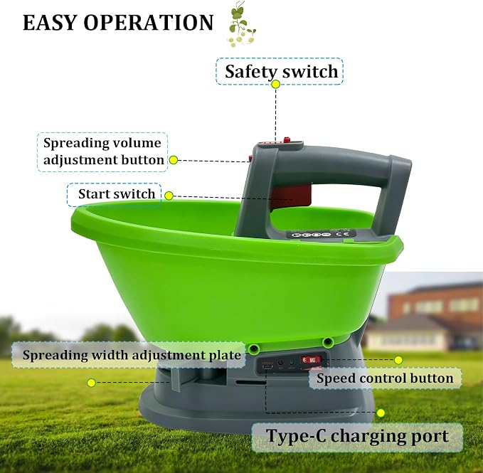 Handheld Power Spreader, Electric Seed Spreader, Electric Fertilizer Spreader, Handheld Seed Spreader, Type-C Smart Charging Port, Ultra-long Battery Life, No Battery Backup Required, 3-Year Warranty