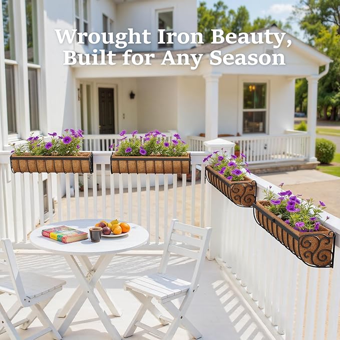 VOXOR Railing Planter Boxes, 24 Inch Window Boxes Planters, Balcony Planters with Adjustable Brackets & Coco Liner & Support Rod for Outdoor Fence, Deck, Porch, and Patio Gardening, 2 Pack