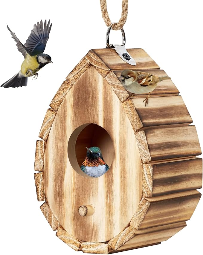 NATUREYLWL Hummingbird House for Outside - Natural Wooden Birdhouse for Bluebirds, Finches, Cardinals - Small Hanging Bird Nesting Box for Garden, Patio, or Yard - 5.9" D x 4.1" W x 3.8" H