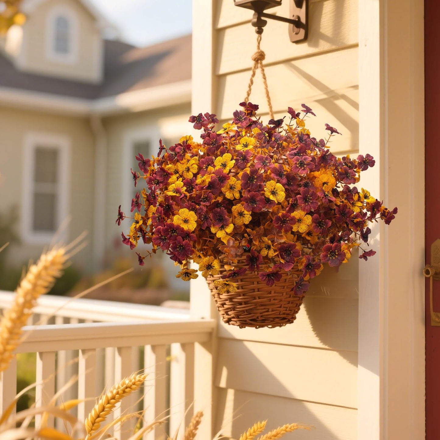 16 Bundles Artificial Fall Mums with Eucalyptus, Faux Daisy UV Resistant Outdoor Decor - Autumn Orange Flowers for Front Door Porch Planter, Patio, Thanksgiving Christmas (Fall Yellow&Red)