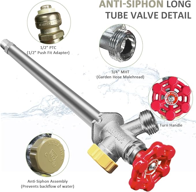 10 inch Anti-Siphon Frost Free Sillcock, No Lead Brass Frost Proof Outdoor Faucet Bib with Backflow Preventer, 1/2" Push-to-Fit Connector X 3/4 Inch Hose Bibb Frost Free Spigot