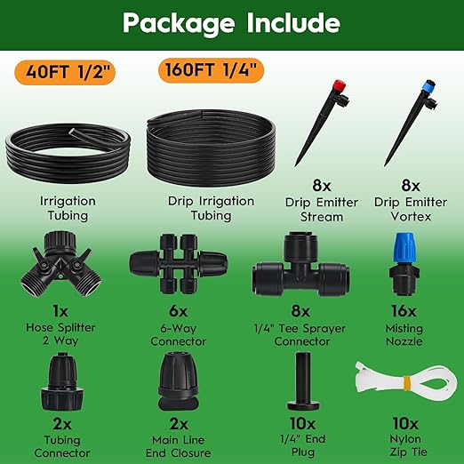 200FT Quick-Connect Drip Irrigation System, Automatic Irrigation Kit with 2/5" & 1/4" Tubing and Adjustable Drip Emitters, Garden Watering System for Lawn, Flower Bed, Greenhouse