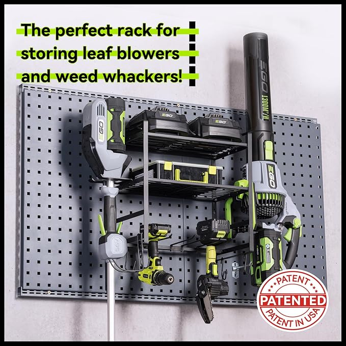 KAFAHOM Leaf Blower and Weed Eater Rack, Lawn Power Tool Organizer Wall Mount, Lawn Tool Storage Rack for Leaf Blower, Weed Eater, Battery, Charger,3-Tier Black