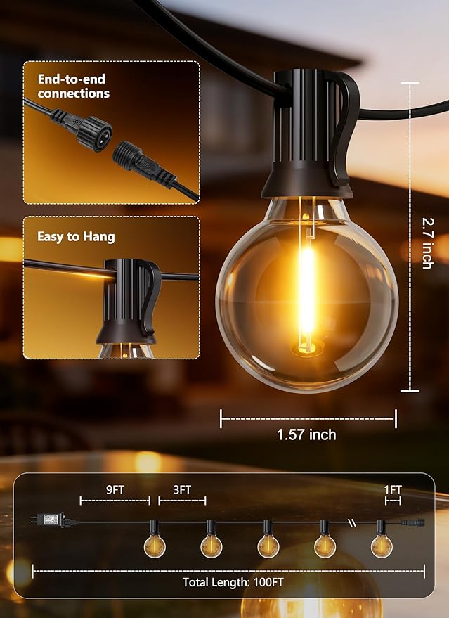 Outdoor String Lights with Remote, 100Ft Outside Waterproof Light with Dimmable G40 LED Bulbs, Shatterproof Connectable Hanging Patio Lights for Porch, Backyard, Bistro, Deck, Balcony, Home Decor