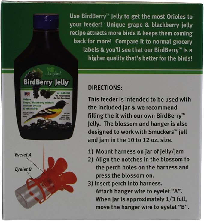Songbird Essentials Jelly Bird Feeder, Oriole Feeder, Easy to Fill with Jelly or Jam, Plastic Jar Included. Fits Most 10-12 Ounce Jelly Jars
