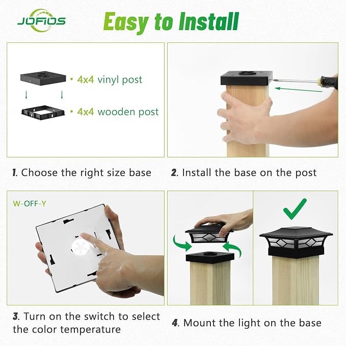 JOFIOS Solar Post Cap Lights Outdoor 6pack, Waterproof Solar Powered Deck Fence Post Lights for 4x4 Wood/Vinyl Posts, Solar Outdoor LED Light with Cool/Warm Lighting Decorate Garden Patio Porch…