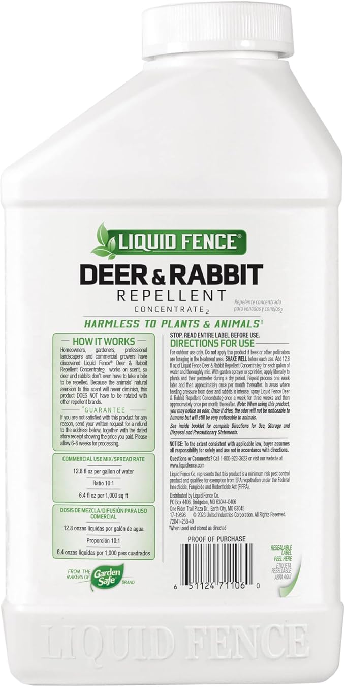 Liquid Fence Deer And Rabbit Repellent Concentrate 32 Ounces, Apply Year-Round