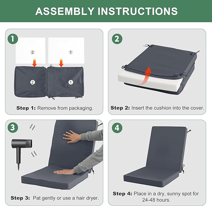 Summsun High Back Outdoor Chair Cushions, Water Resistant Patio Seat Cushion Set with Ties, Removable Covers, Non-Slip Bottom for Garden Lawn Patio Furniture, 44 x 20 Inch, Dark Grey